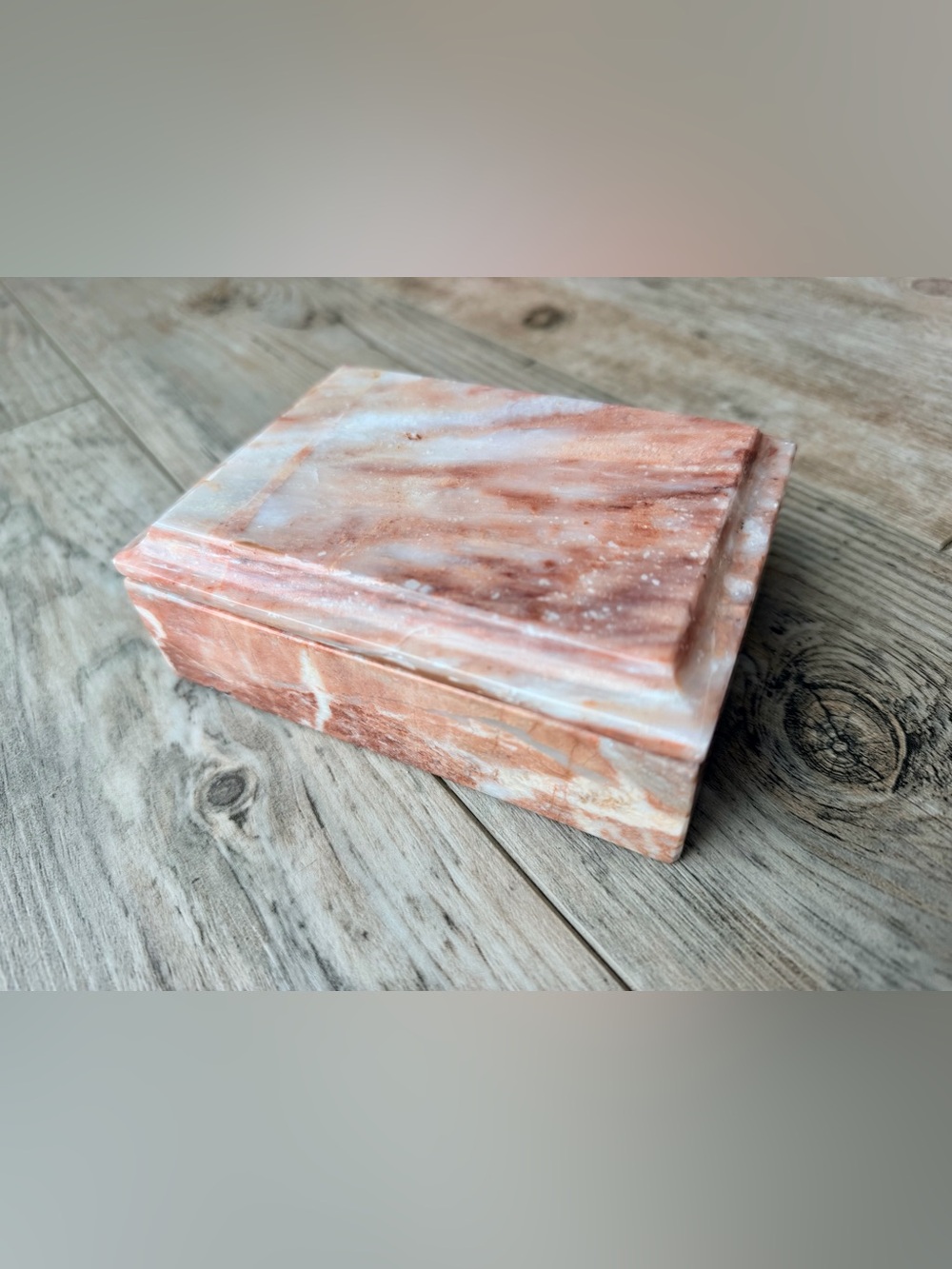 Vintage Pink Marble Trinket Box Pakistan Signed Lid Stone Jewelry Keepsake